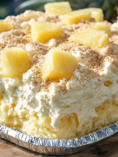 A cake with pineapple and coconut on top.