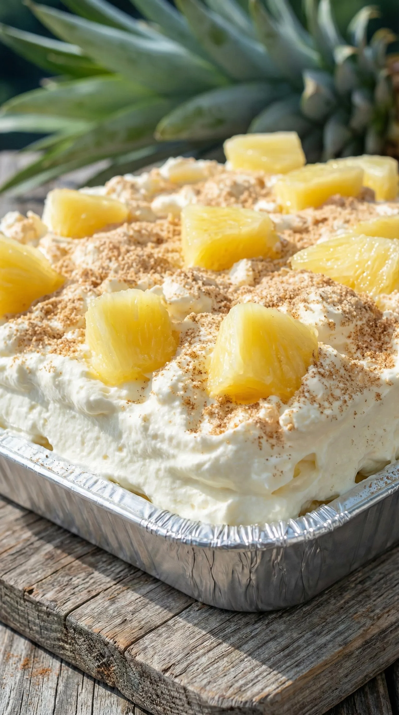A cake with pineapple and coconut on top.