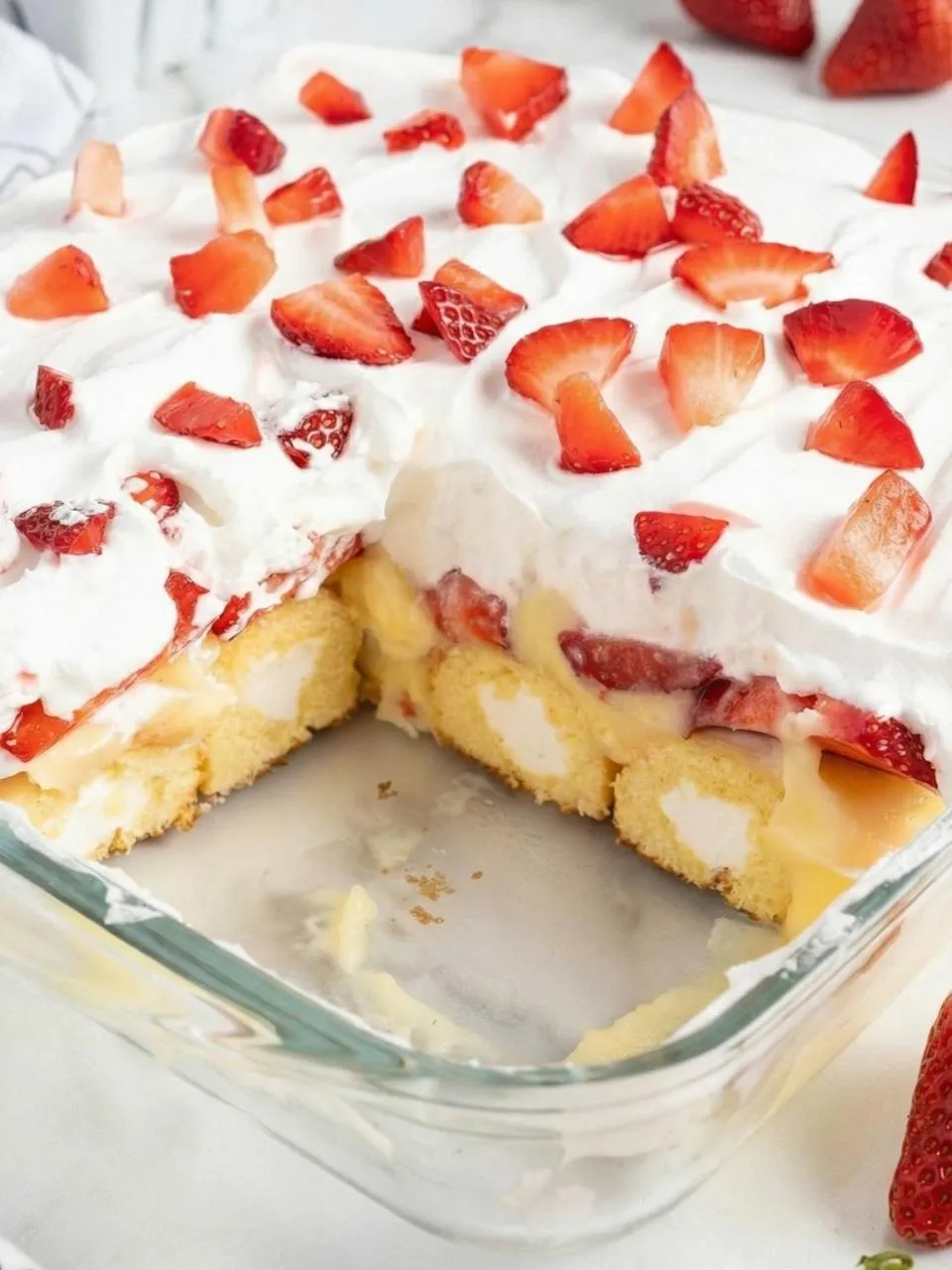A slice of cake with strawberries on top.