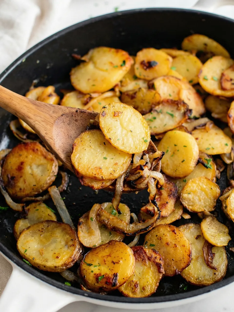A pan of potatoes with onions and herbs.