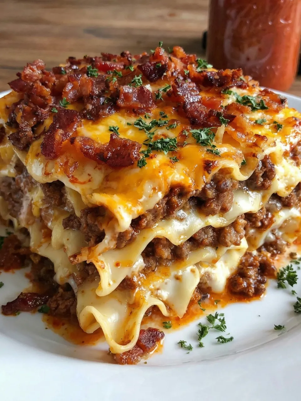 A plate of food with a lot of bacon on it.
