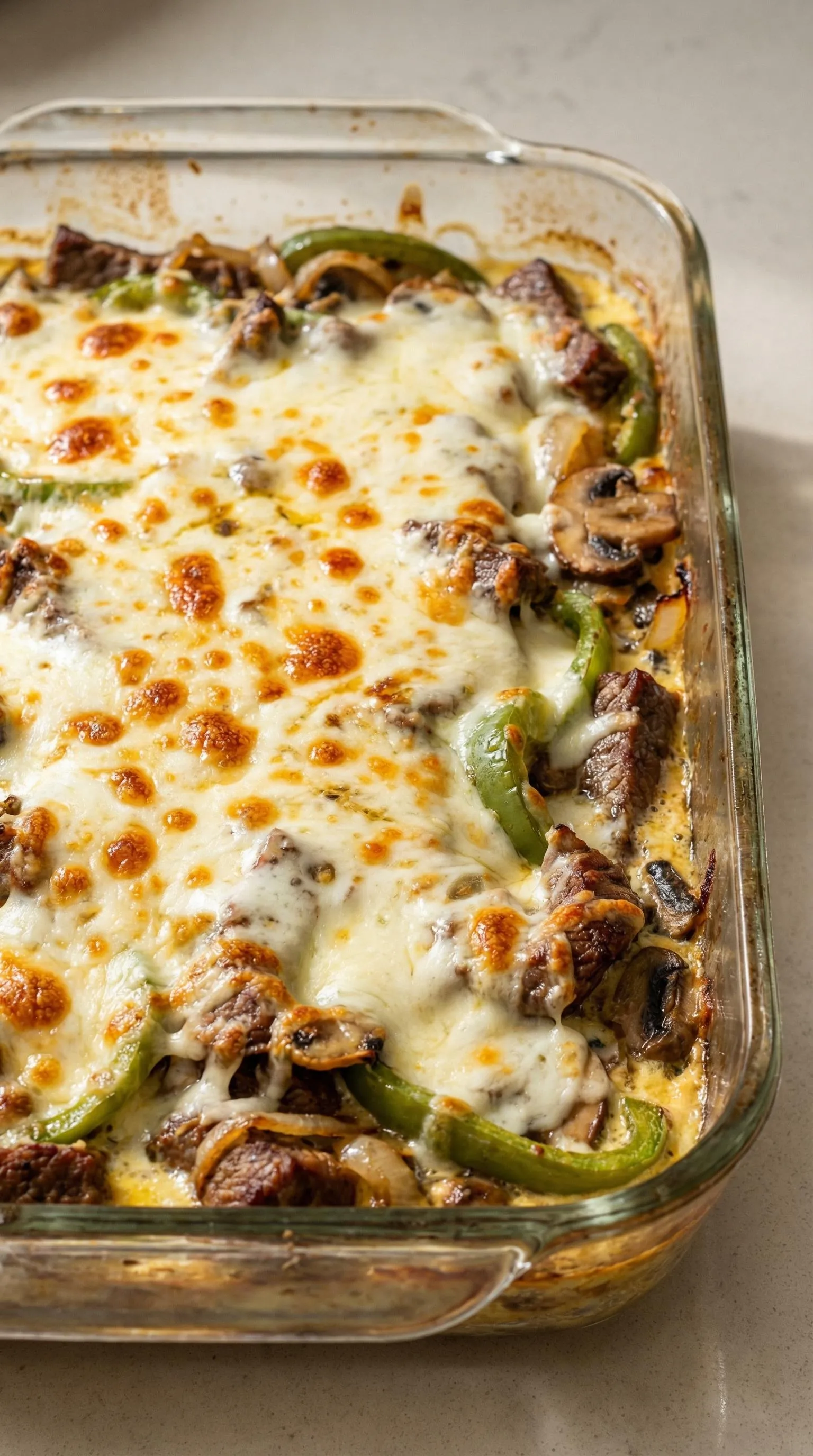 A casserole with meat, cheese, and peppers.