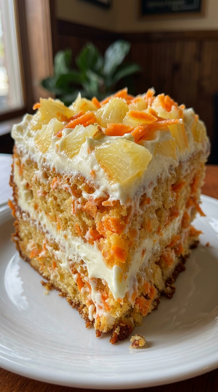 A slice of cake with carrots on top.