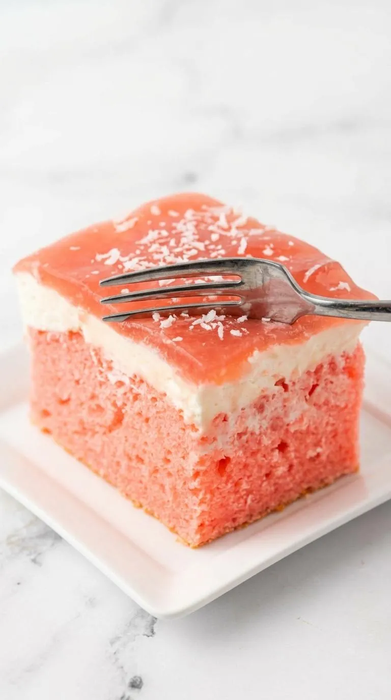 A slice of pink cake with a fork on a plate.