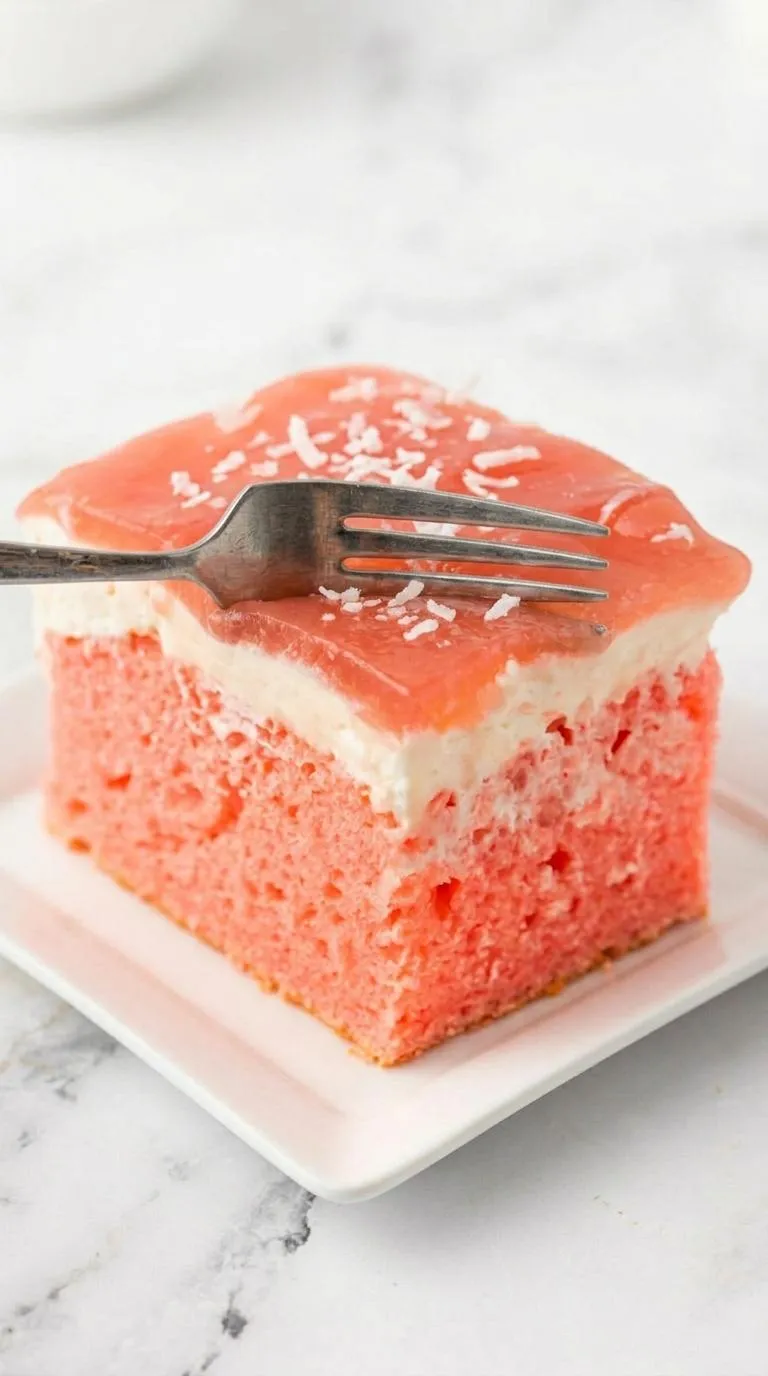 A fork is stuck in a piece of pink cake.