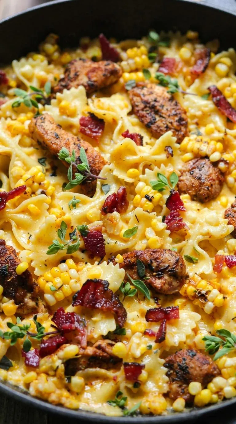 A plate of pasta with bacon and corn.