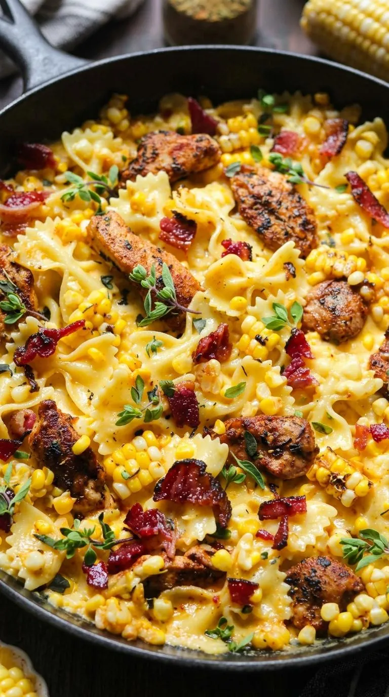 A plate of pasta with meat and vegetables.