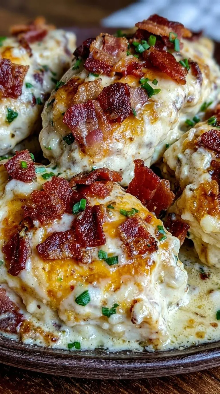 Bacon wrapped chicken with cheese and herbs.