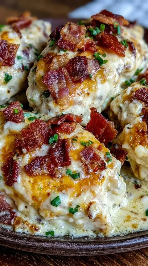Bacon wrapped chicken with cheese and herbs.