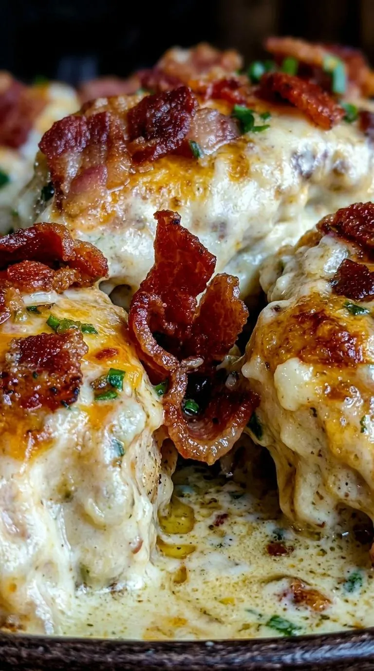 Bacon wrapped chicken with cheese.