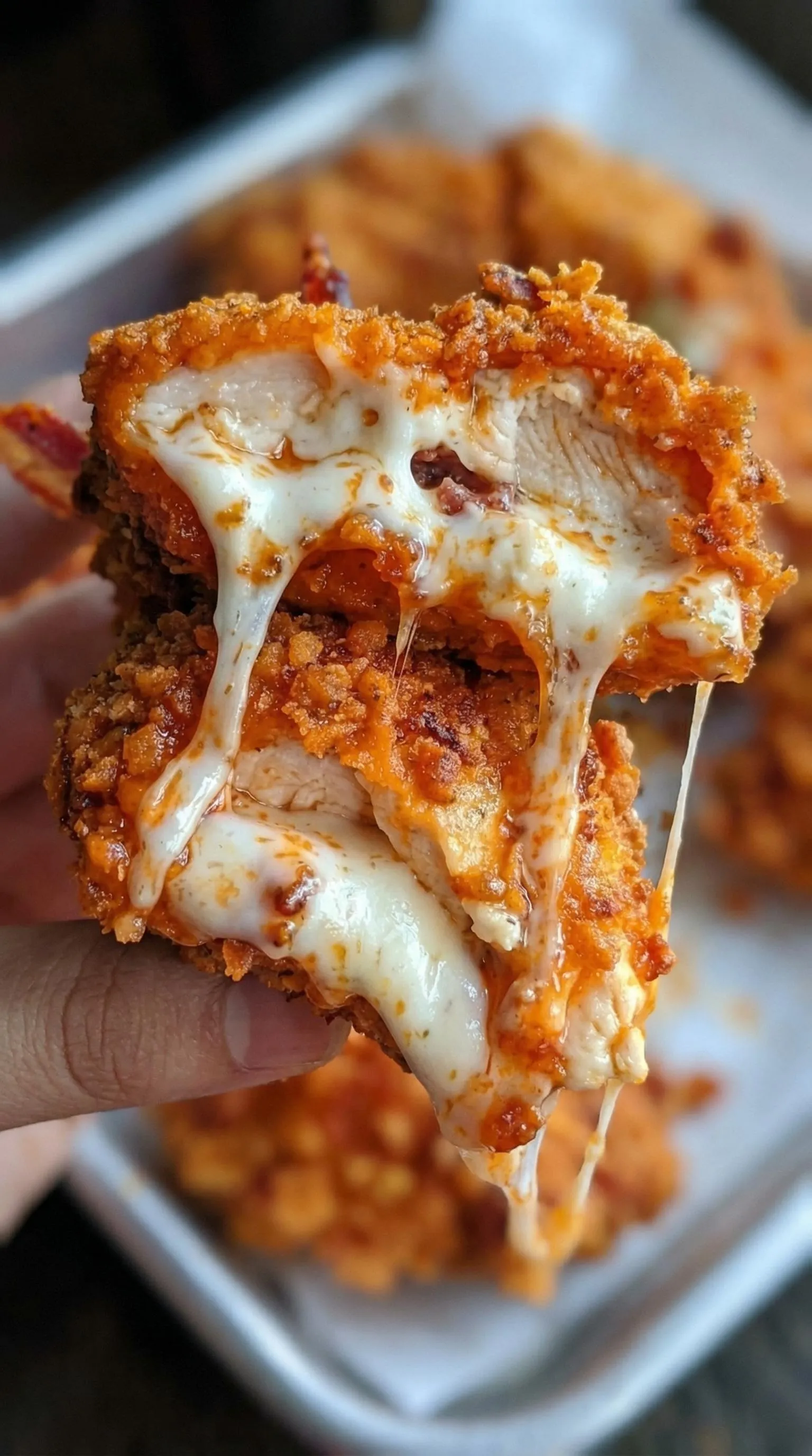 A piece of chicken with cheese on it.