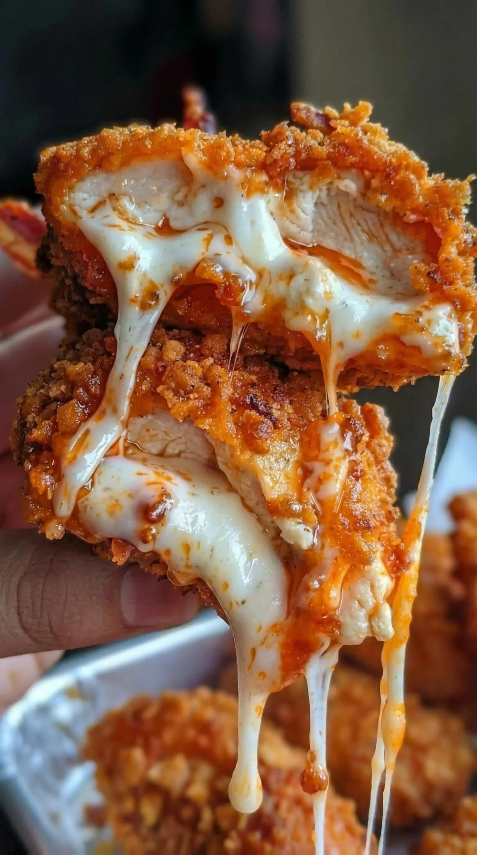 A piece of chicken with cheese on it.
