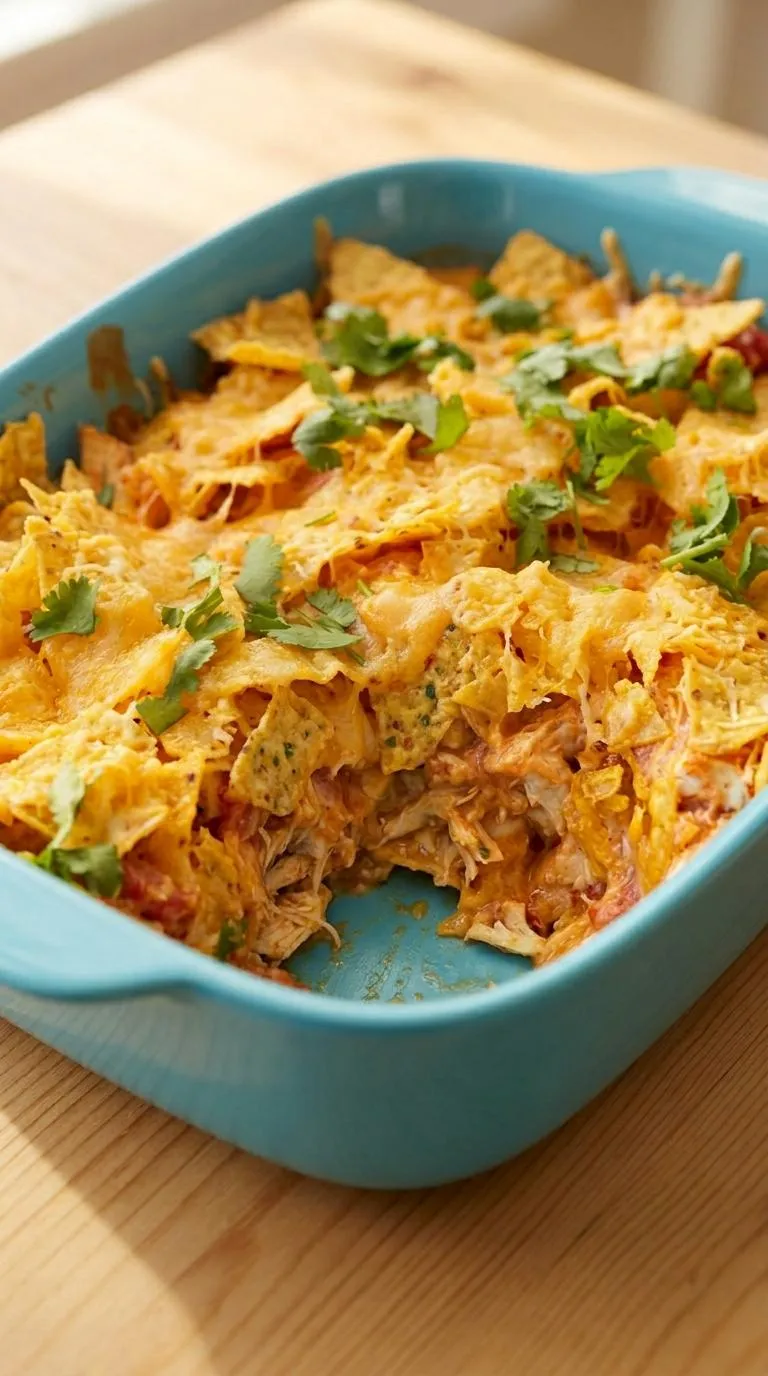 A blue bowl with a casserole in it.