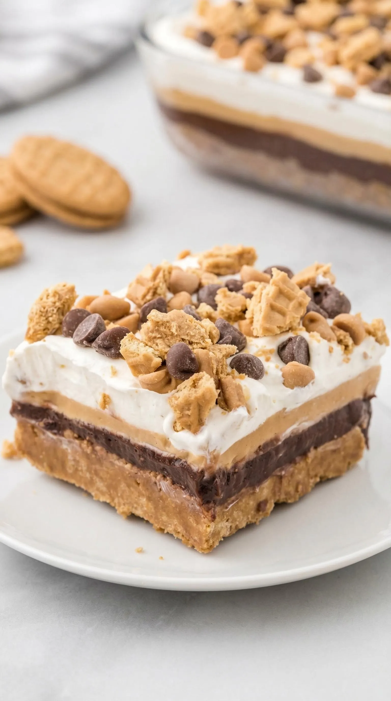 A piece of cake with peanut butter and chocolate.