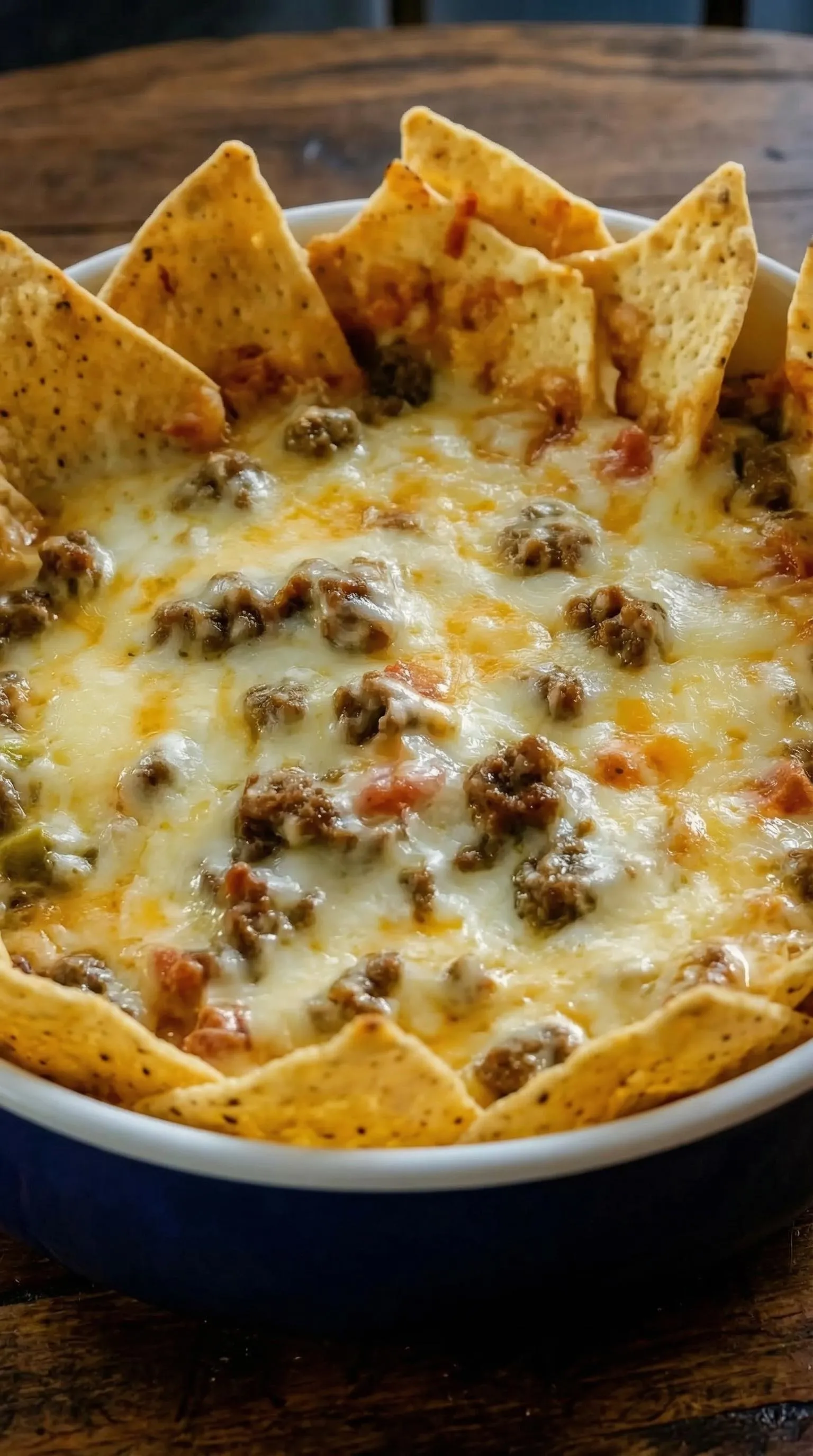 A bowl of nacho cheese with chips.