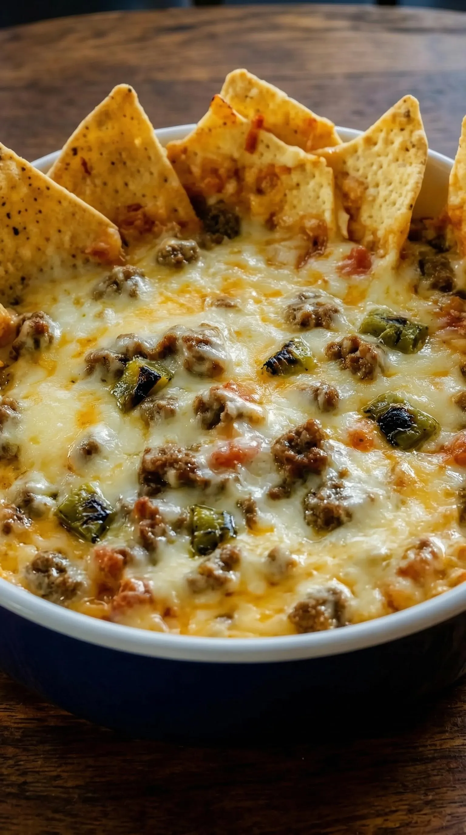 A bowl of nacho cheese with chips on top.