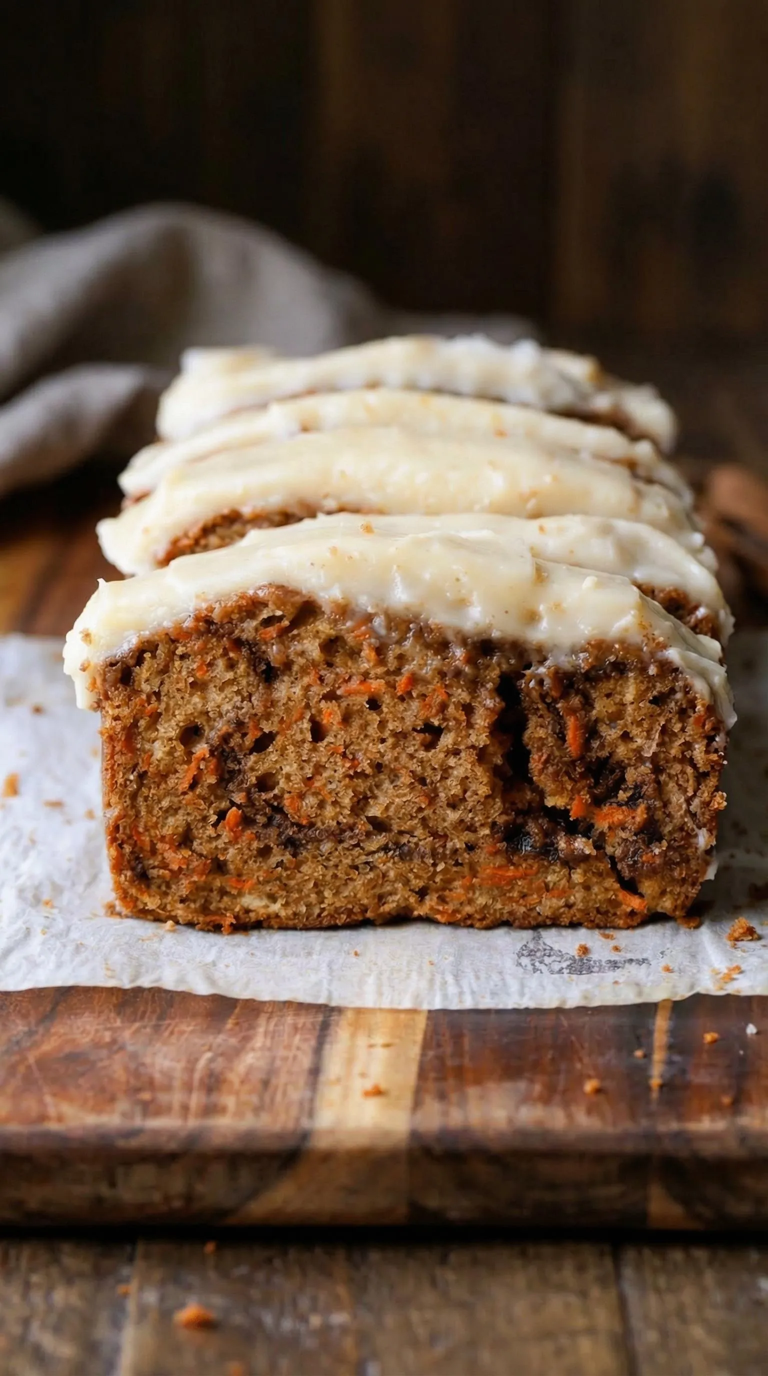 A loaf of bread with white frosting on top.