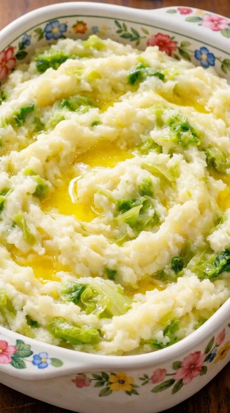 A close up of mashed potatoes with green vegetables.
