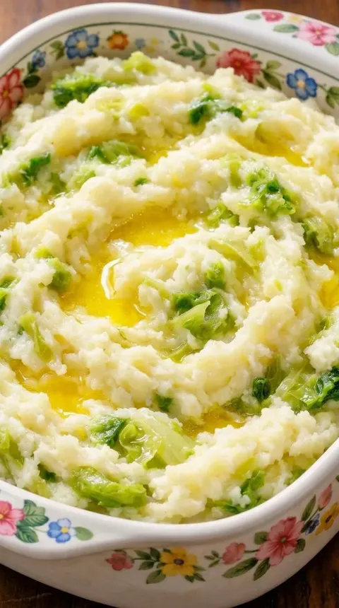 A close up of mashed potatoes with green vegetables.