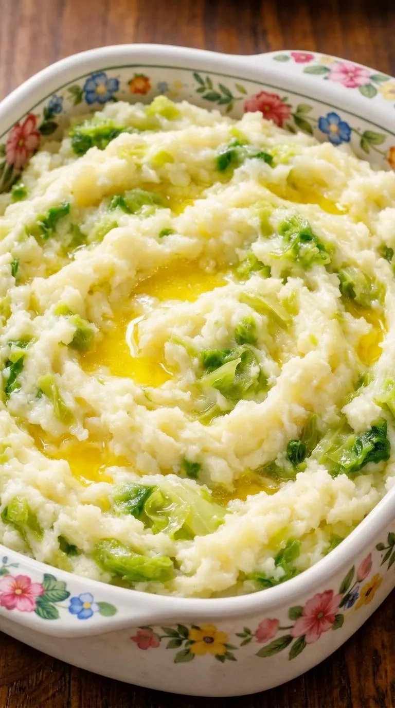 A bowl of mashed potatoes with broccoli.