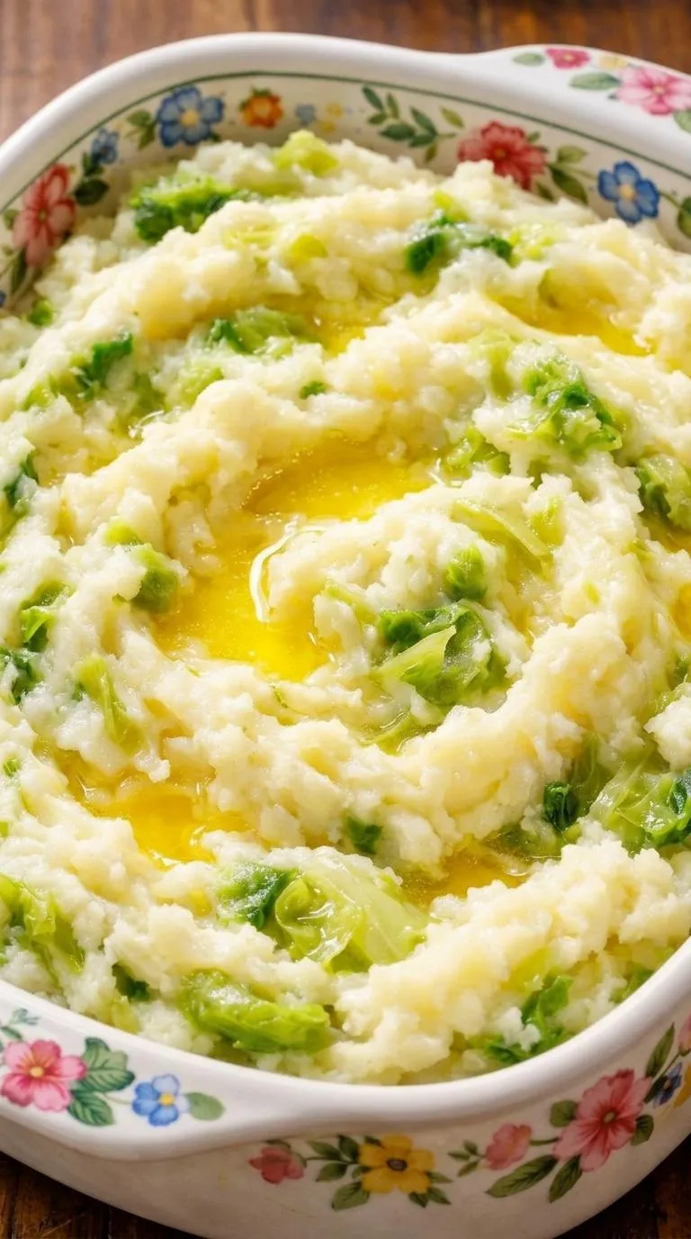 A bowl of mashed potatoes with green vegetables.