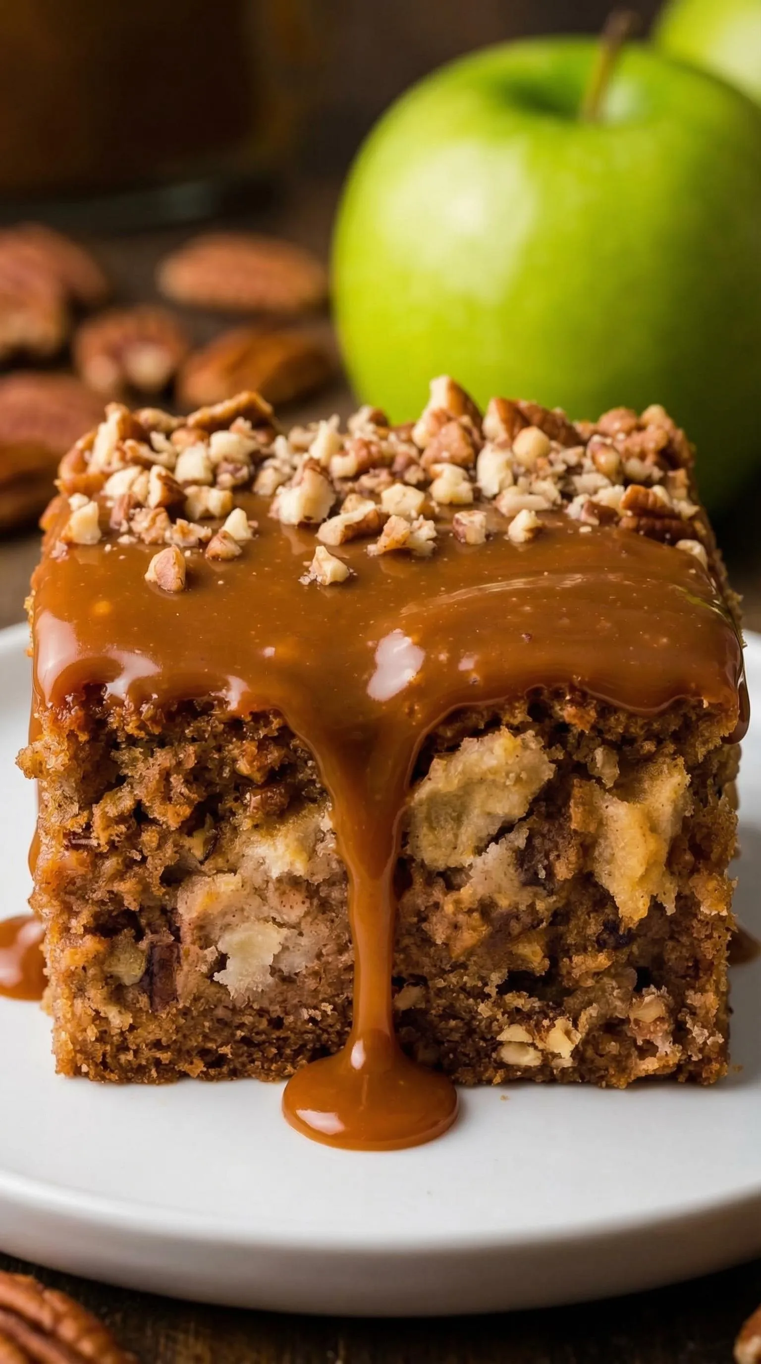 A slice of cake with caramel drizzled on top.