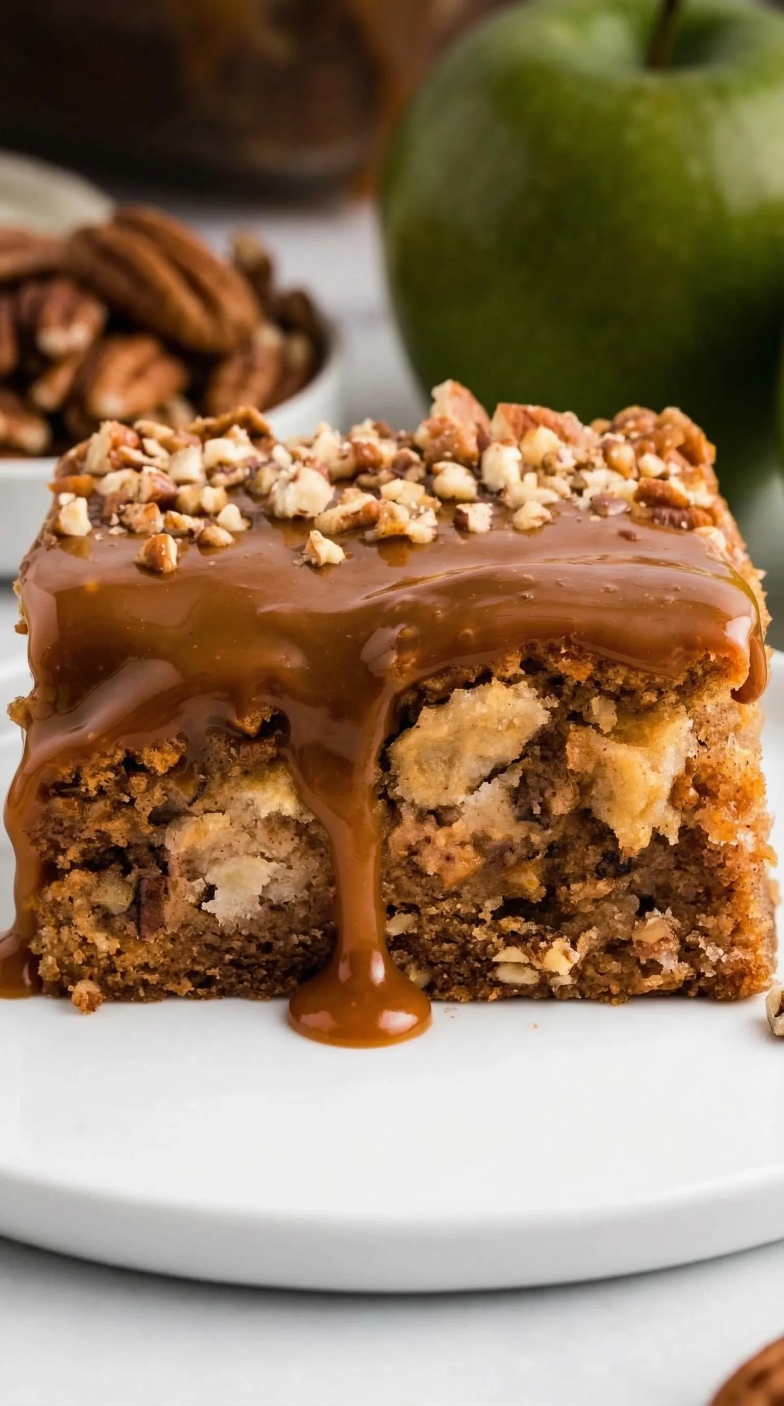 A piece of cake with chocolate sauce drizzled on it.