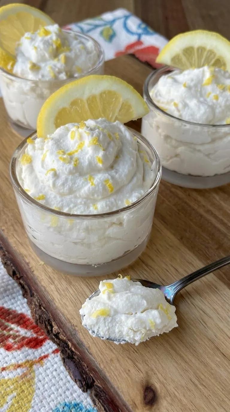 A small white dessert with a lemon wedge on top.