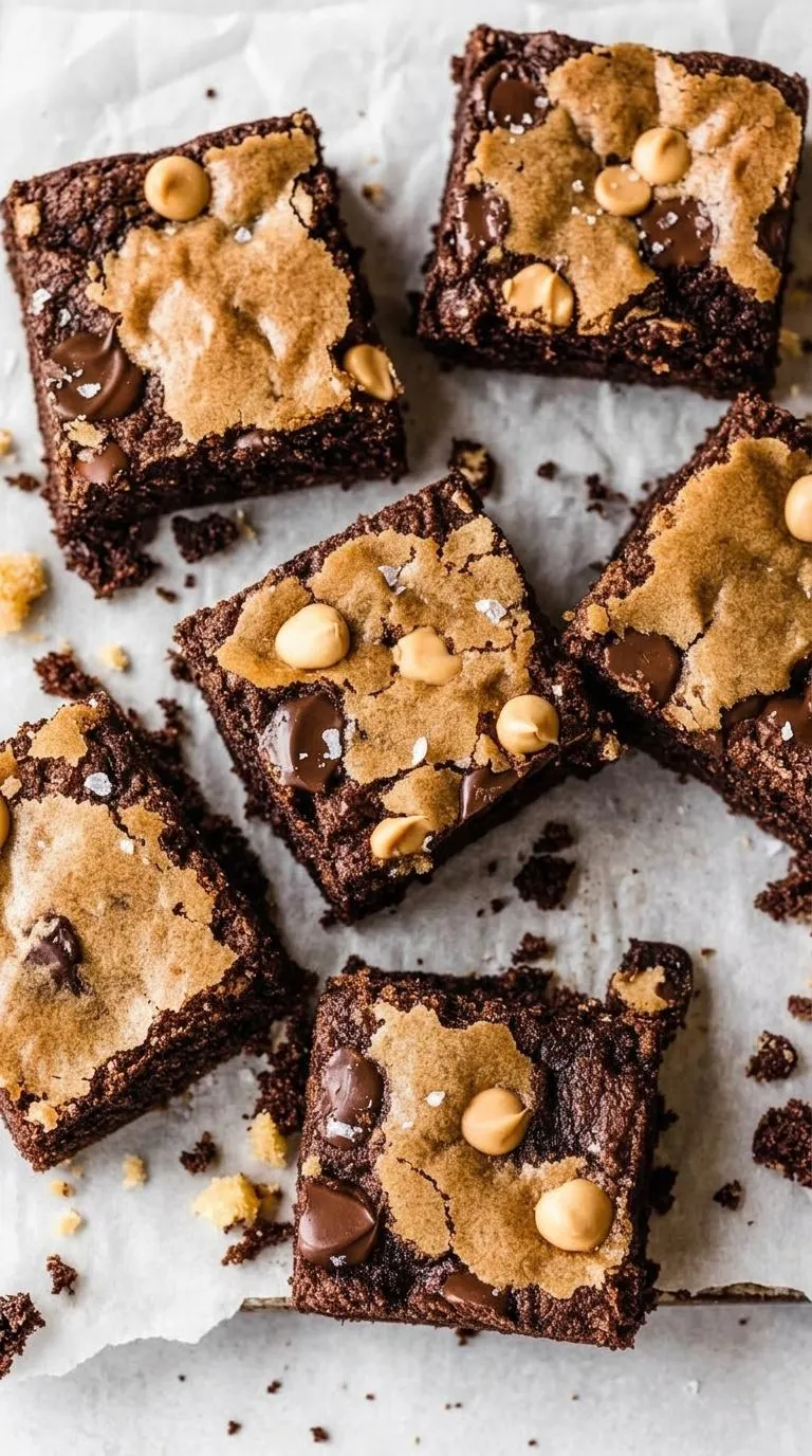 A close up of a brownie with peanut butter and chocolate chips.