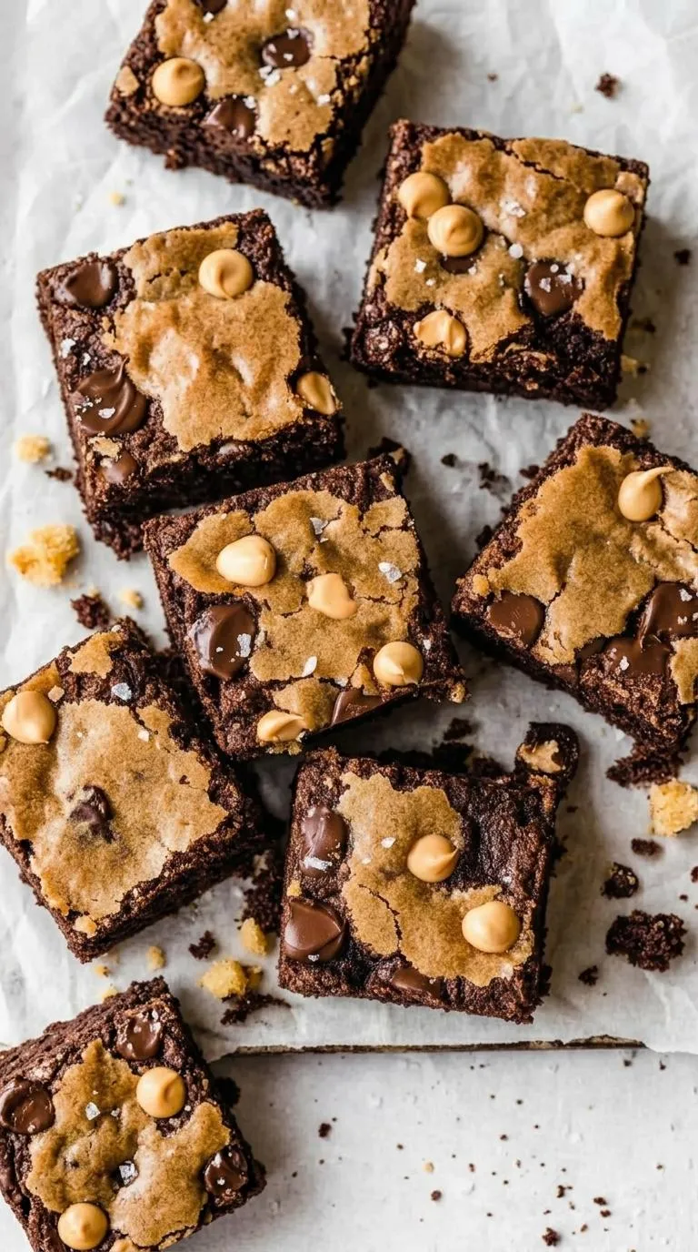 A close up of a chocolate brownie with peanut butter and chocolate chips.