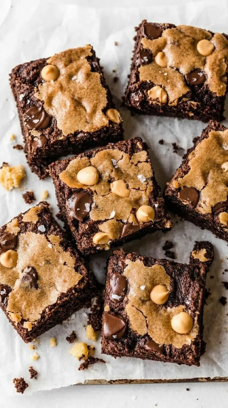 A close up of a chocolate brownie with peanut butter.