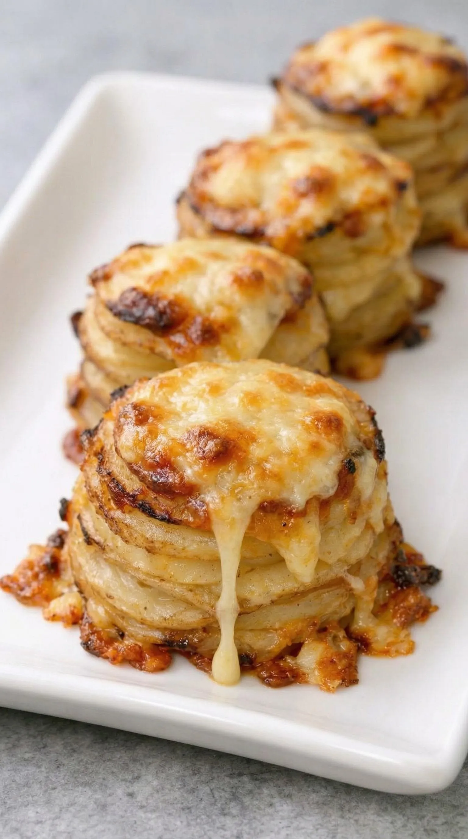 Three cheese-covered potatoes on a white plate.