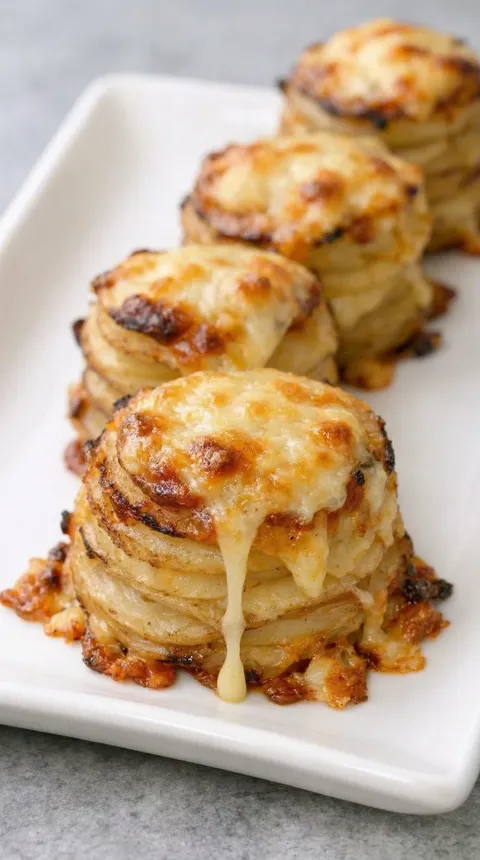 Three cheese-covered potatoes on a white plate.