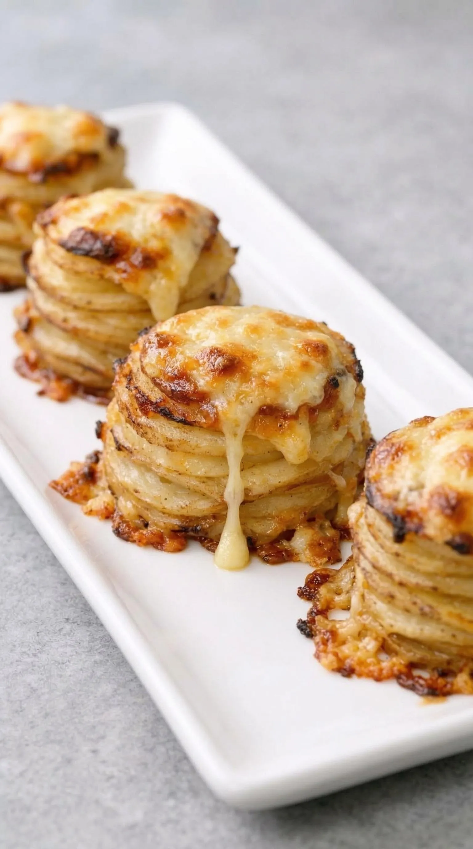 A white plate with three cheese covered potatoes.