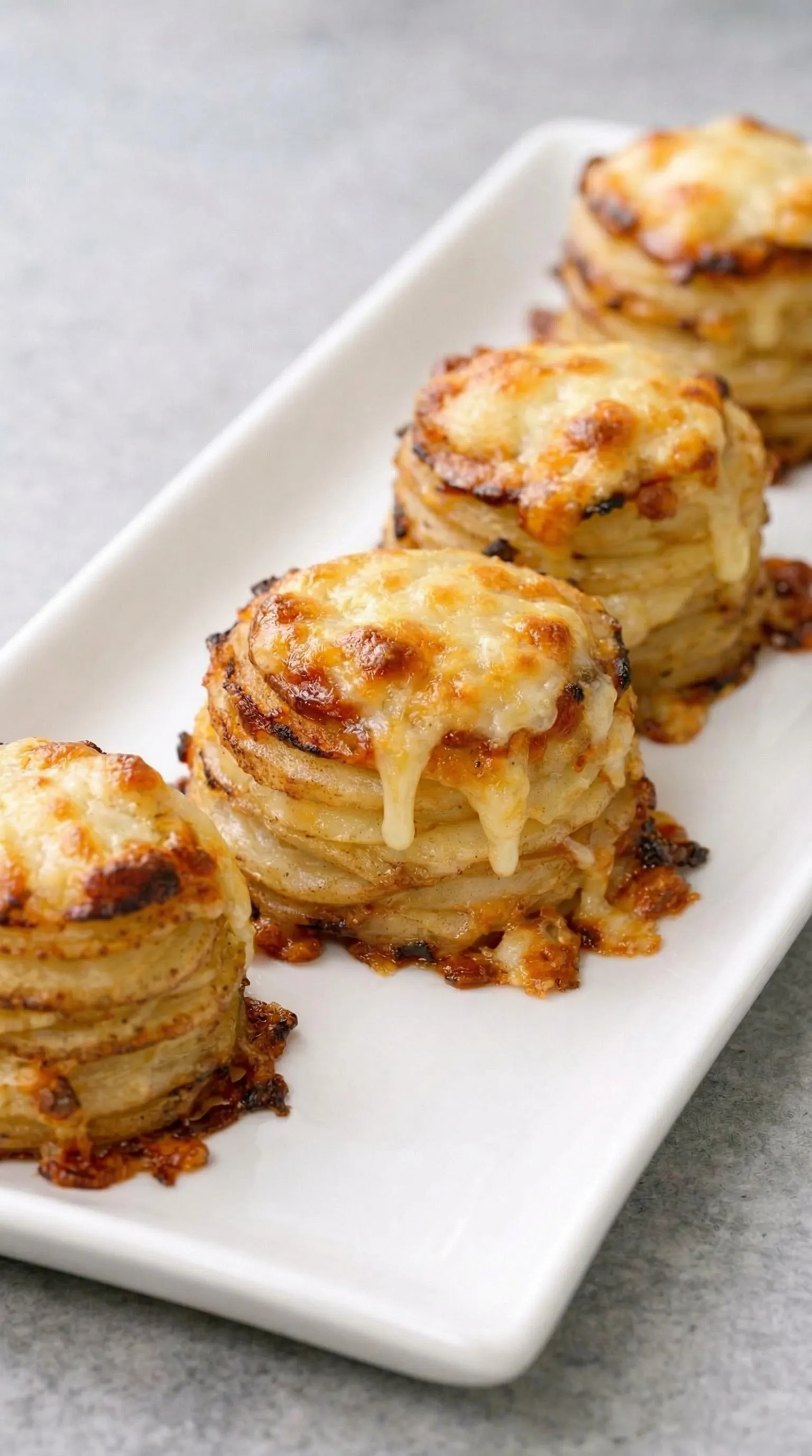 Three cheese-covered potato pancakes on a white plate.