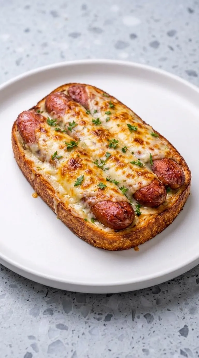 A hot dog in a bun with cheese and herbs.
