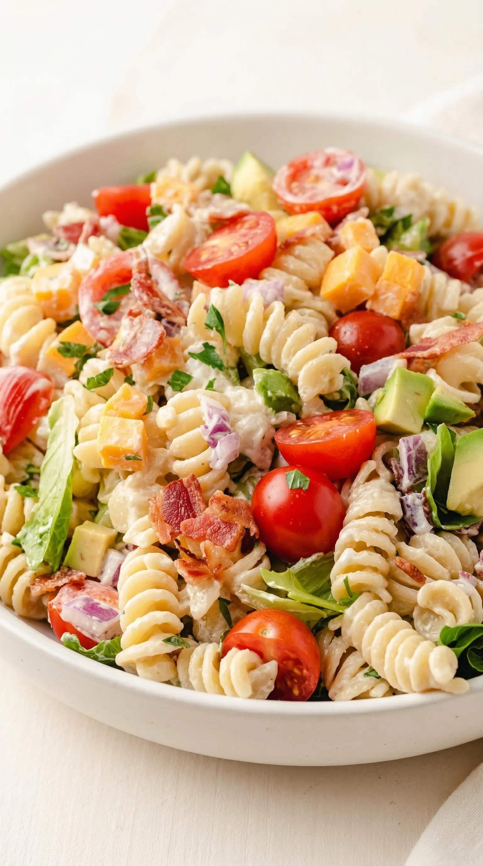 A bowl of pasta with tomatoes, avocado, and bacon.