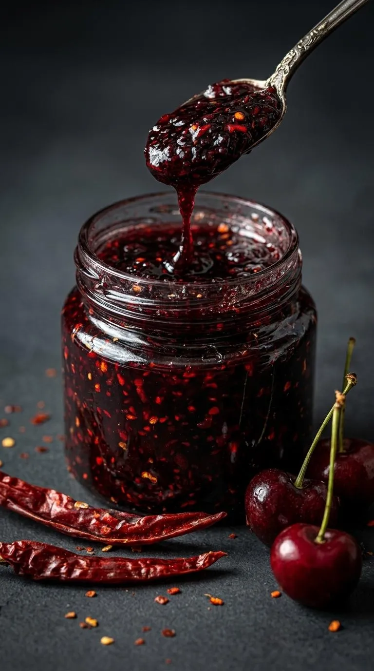 A jar of jam with a cherry on top.