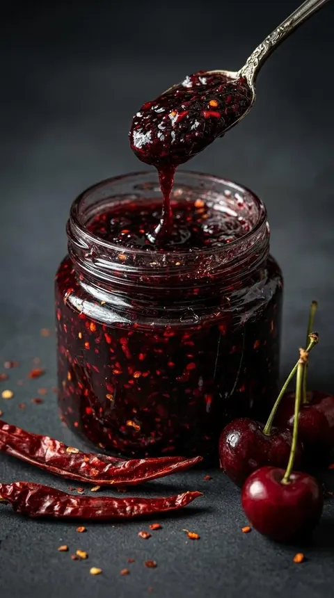 A jar of jam with a cherry on top.