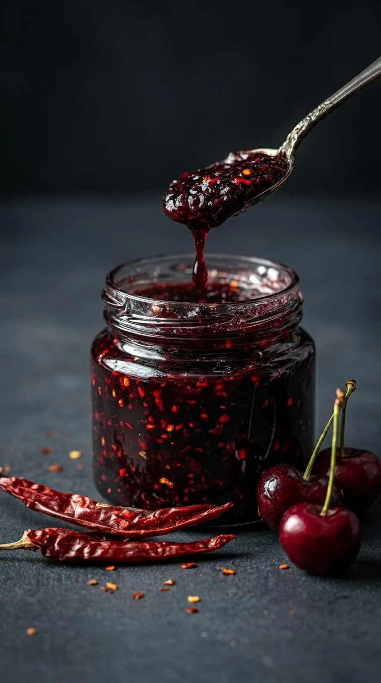 Cherries and chili peppers in a jar.