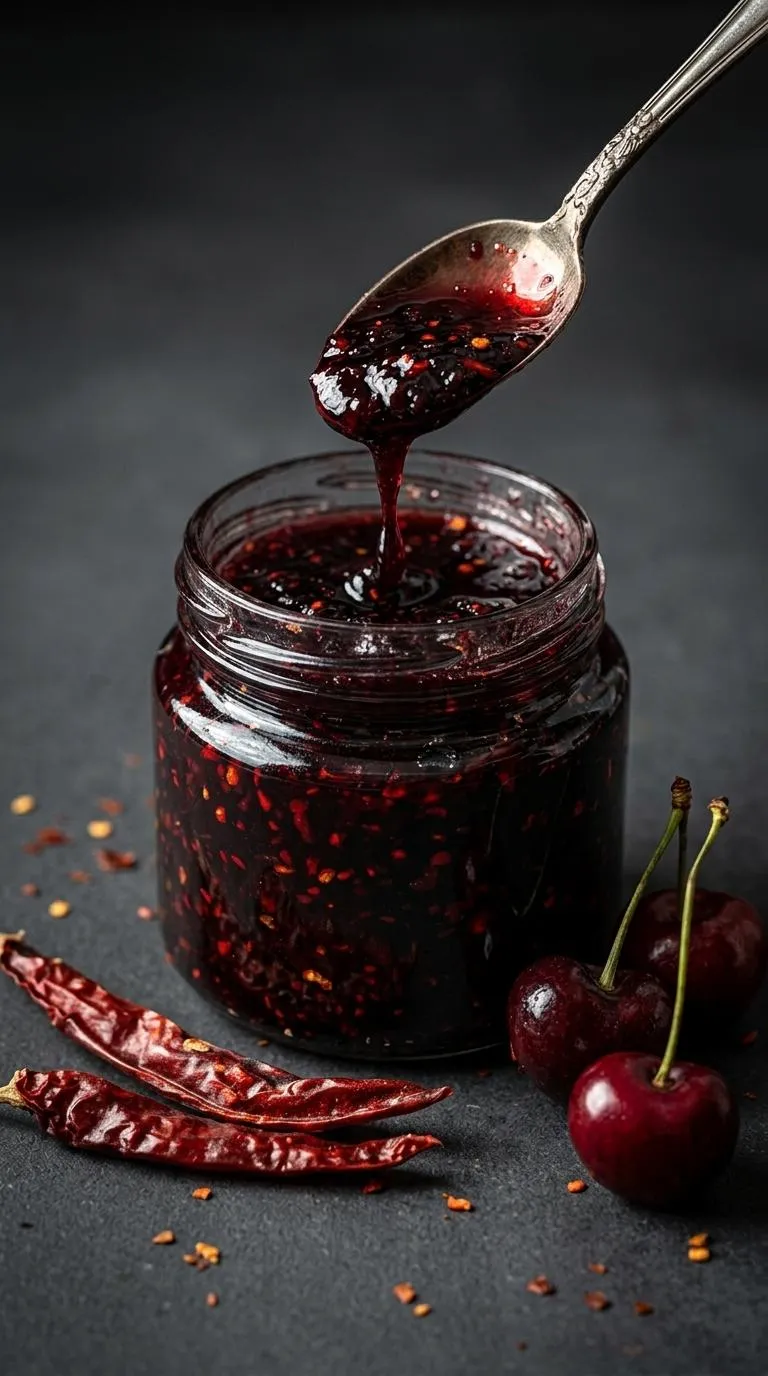 A jar of jam with a spoon in it.