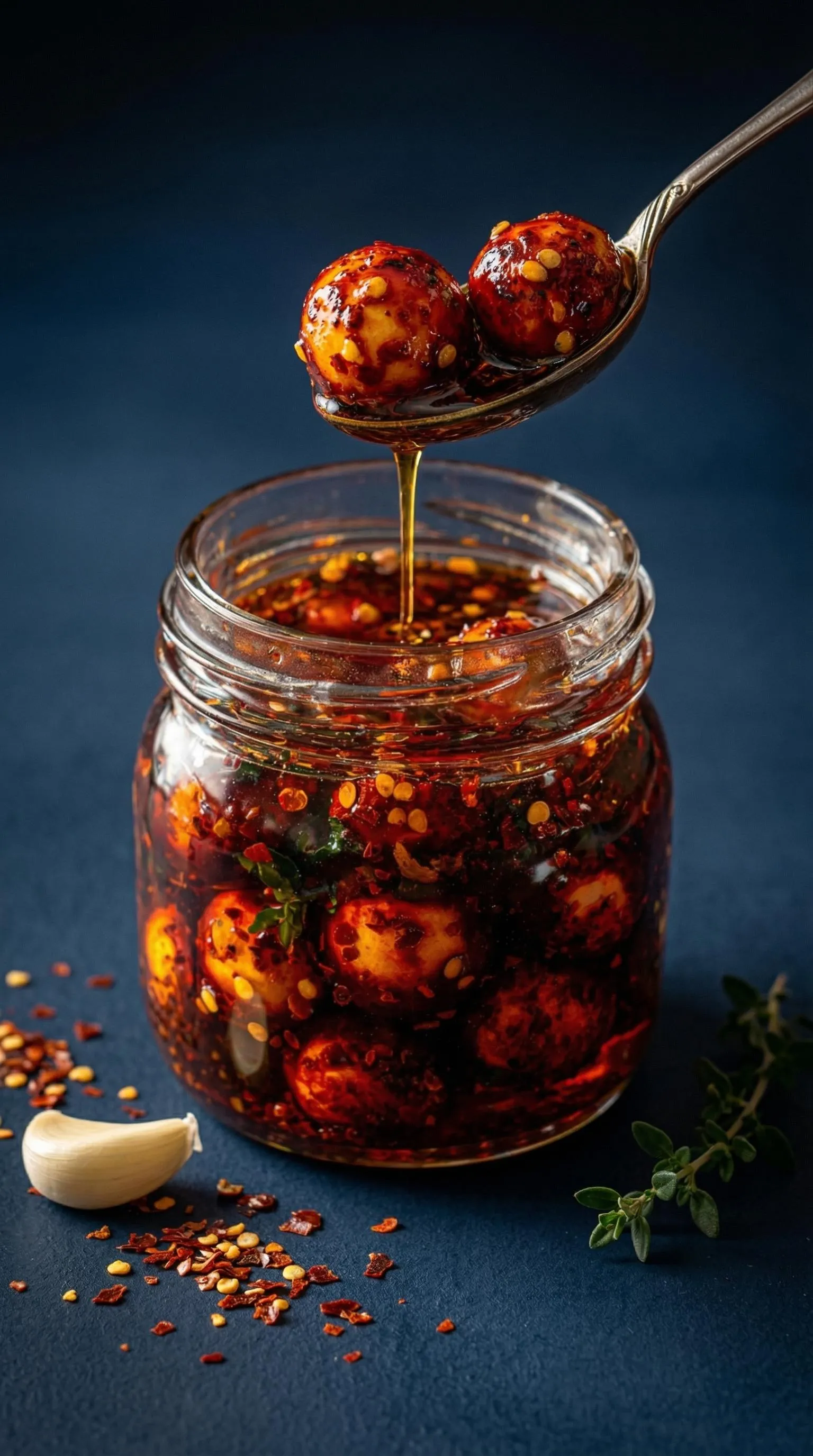 A jar of red sauce with a spoon in it.