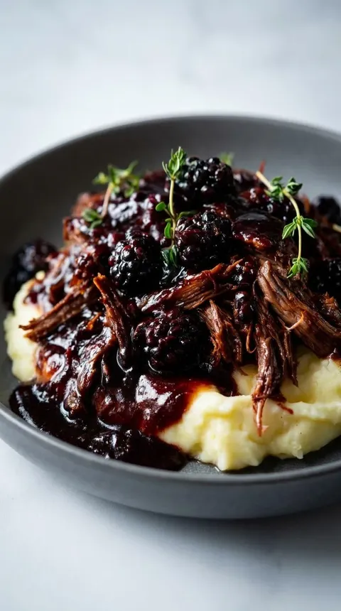 A plate of food with meat and berries.