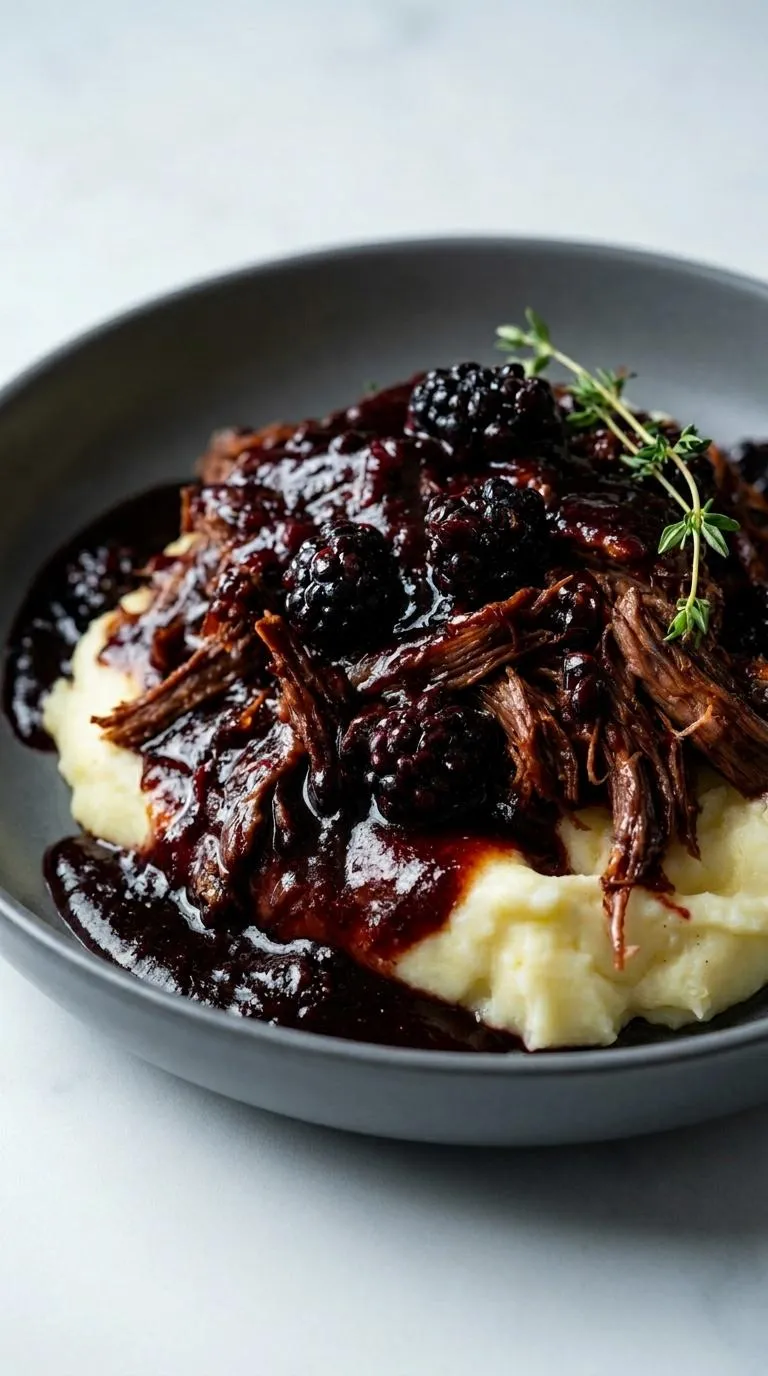 A plate of food with meat and blackberries.
