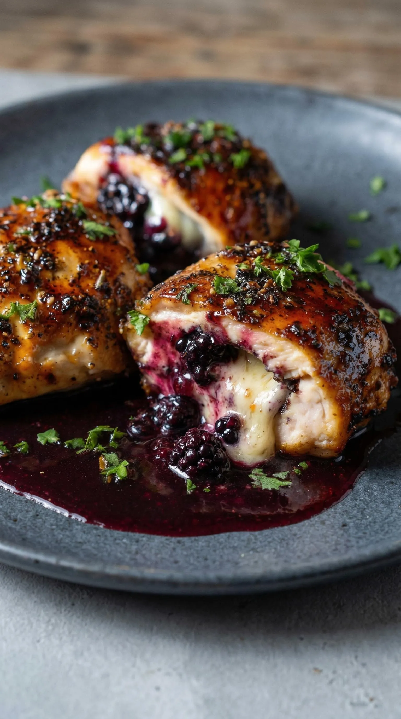 Chicken with blueberries and cheese.