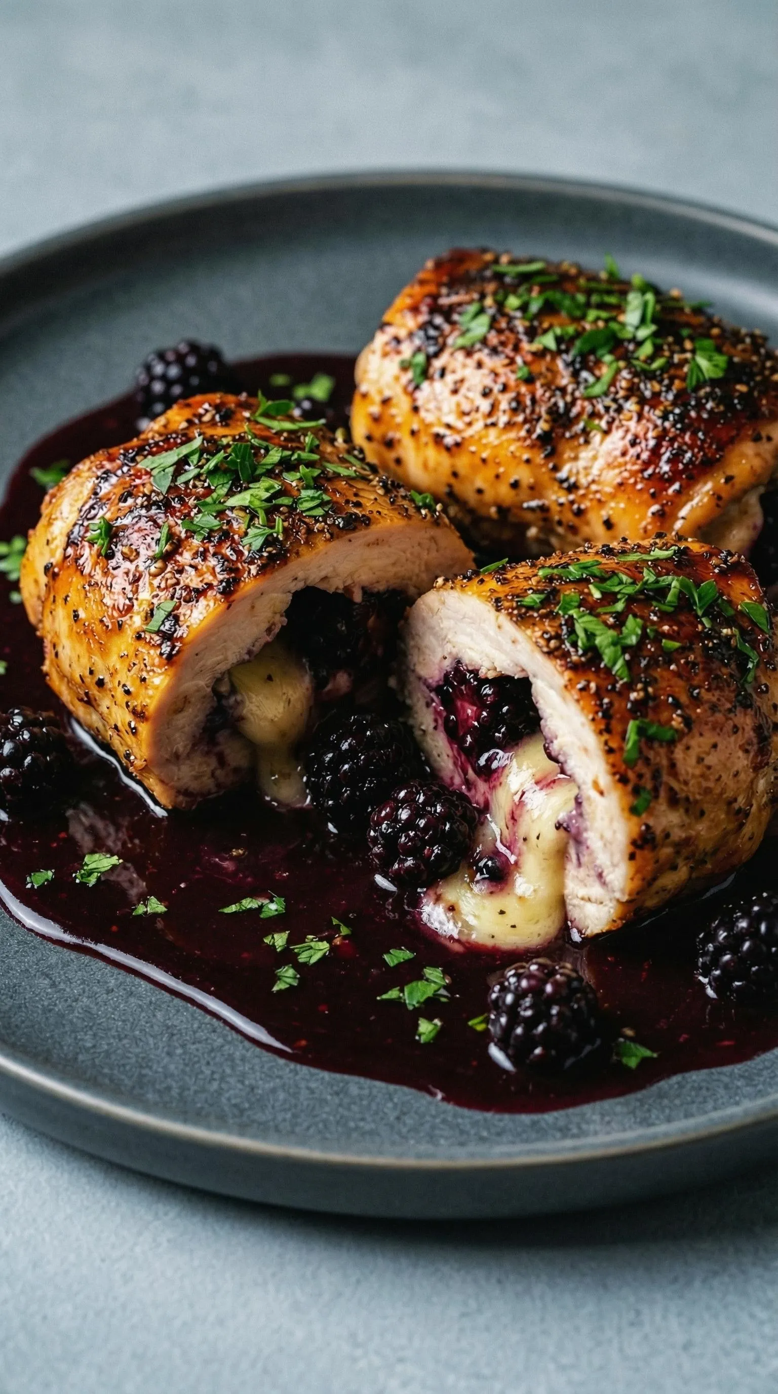 Chicken with blackberries and cheese.