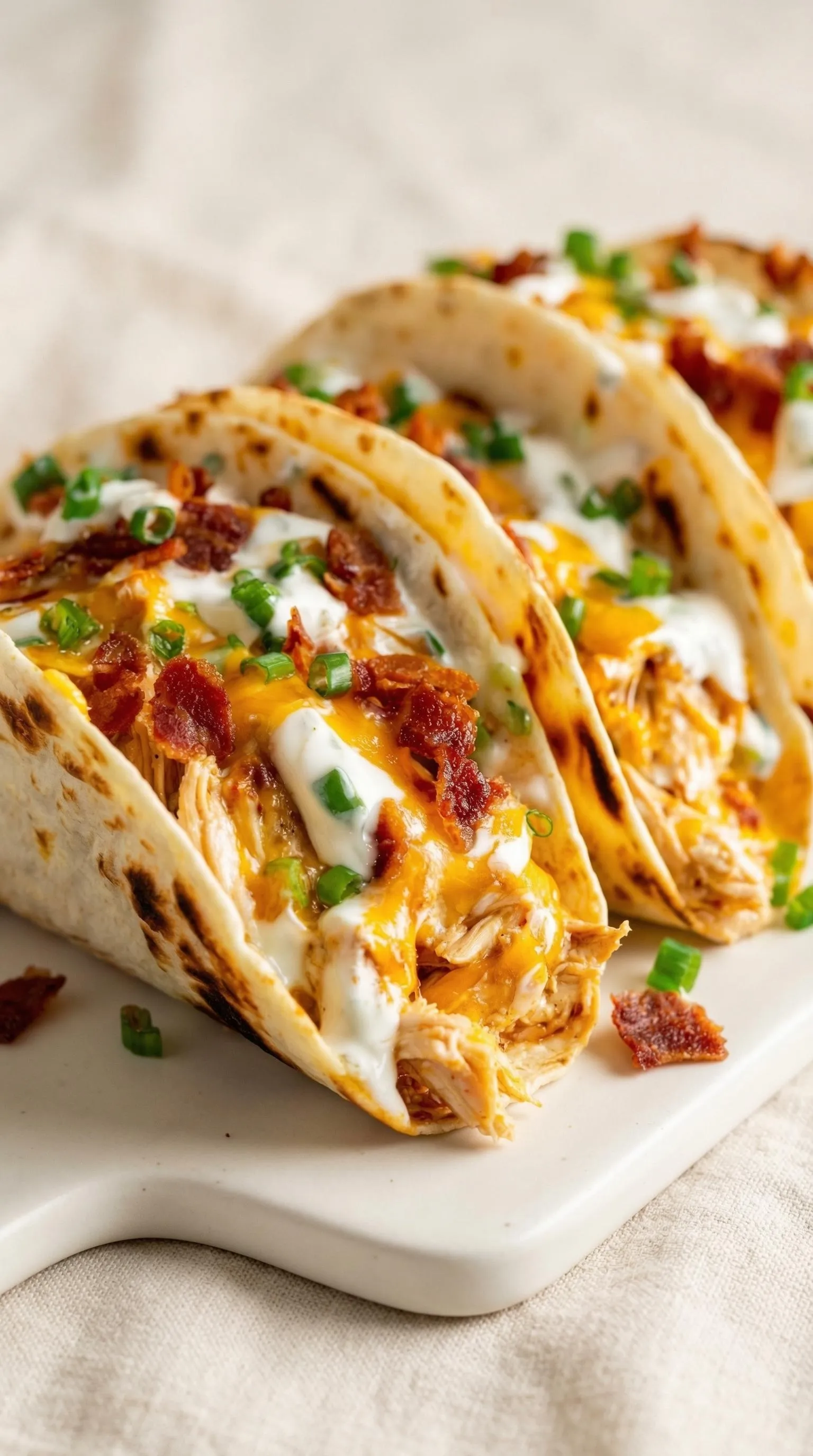 Two tacos with bacon and cheese.