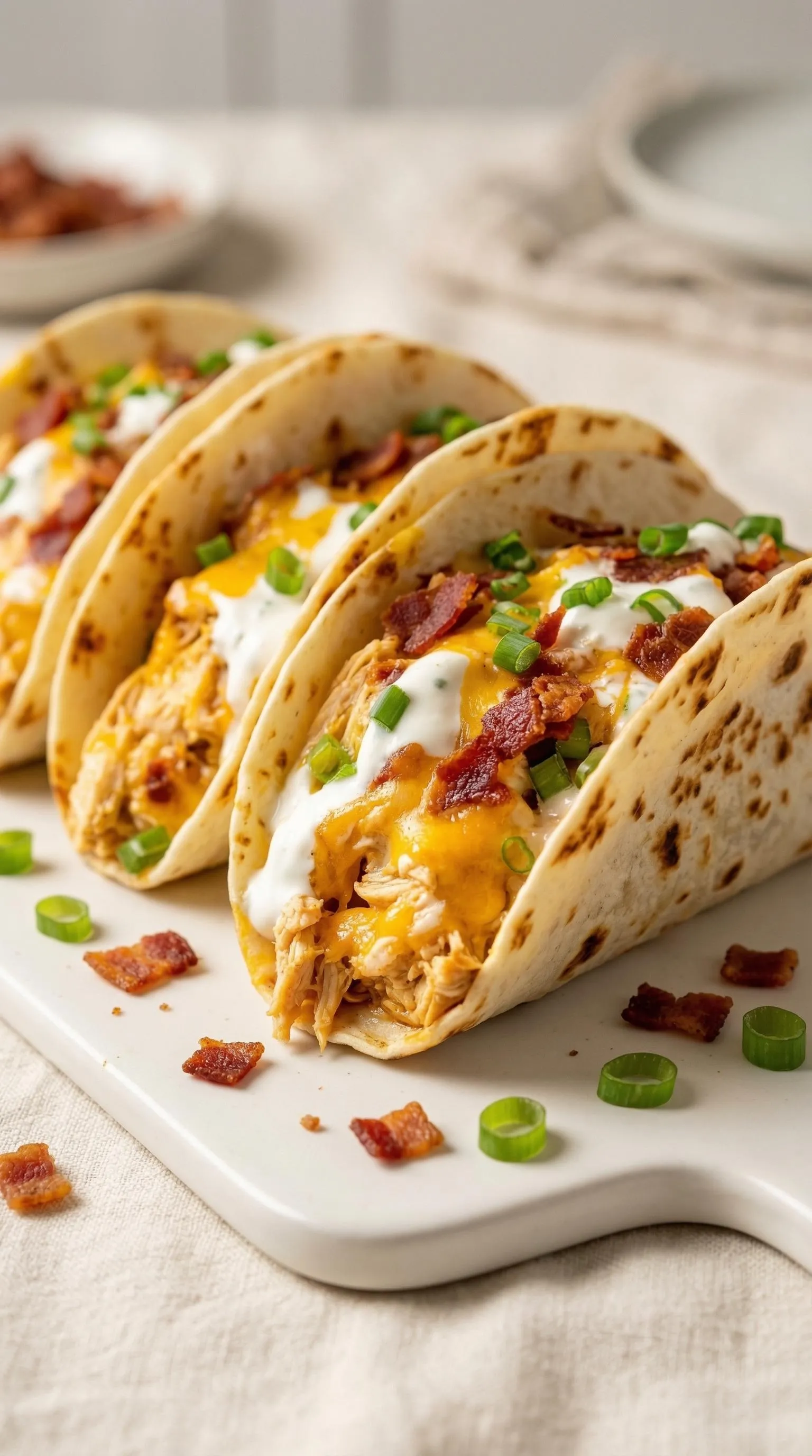 Bacon and cheese tacos on a white plate.