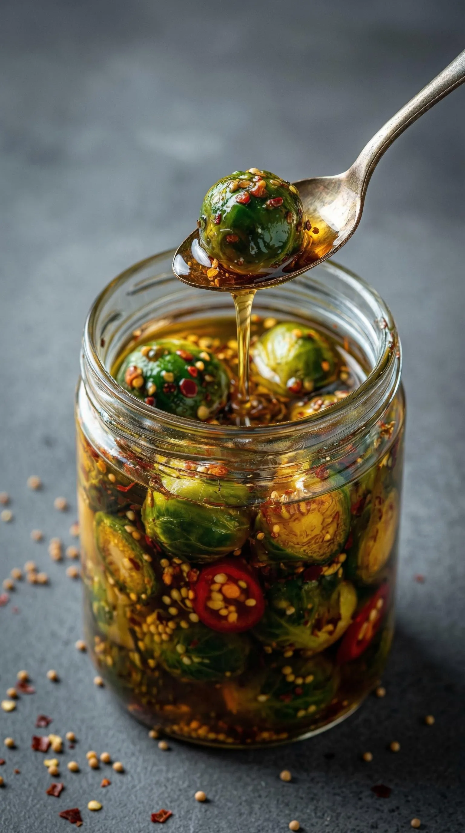 A jar of pickled green vegetables.