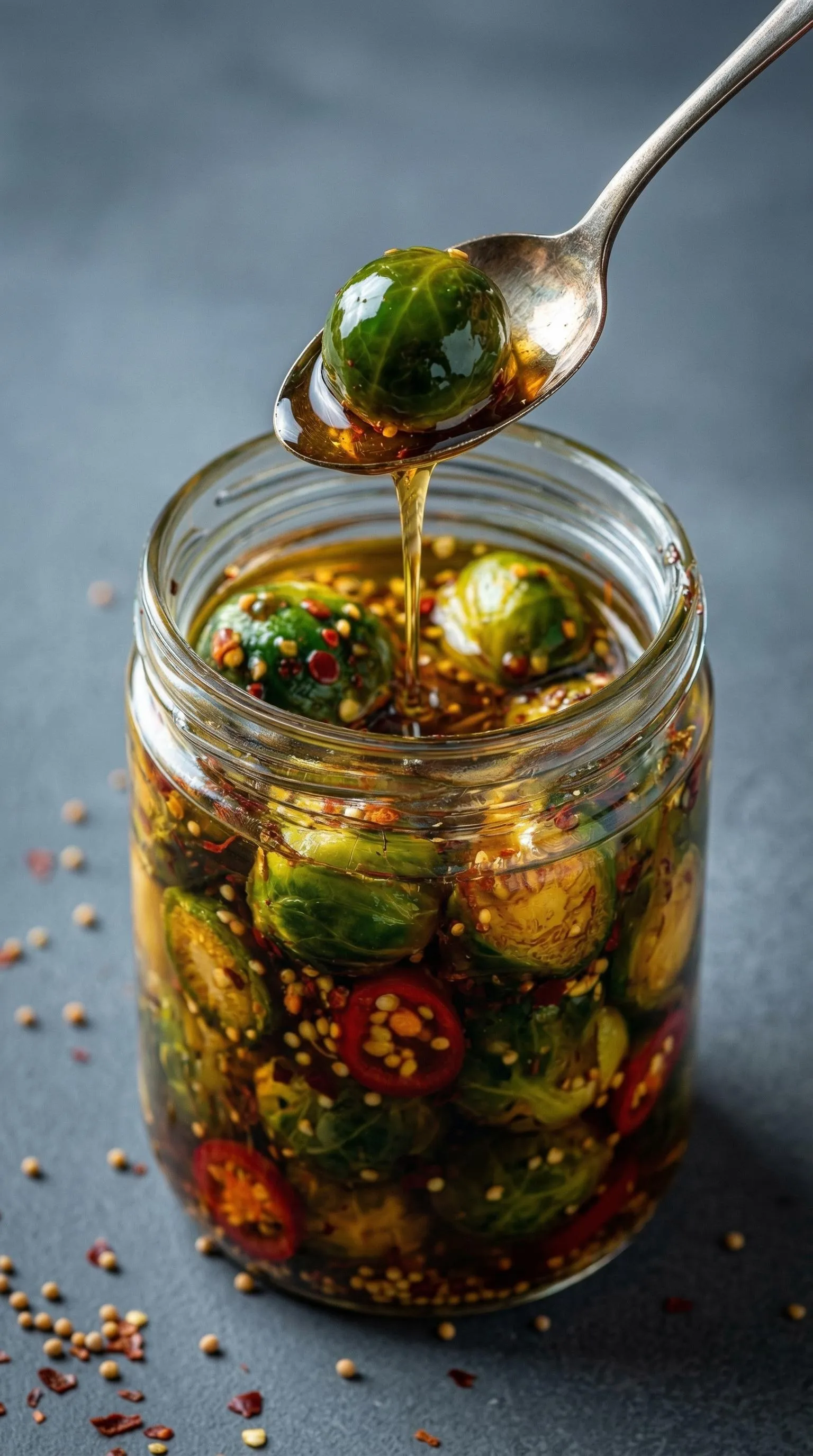 A jar of pickled green vegetables.